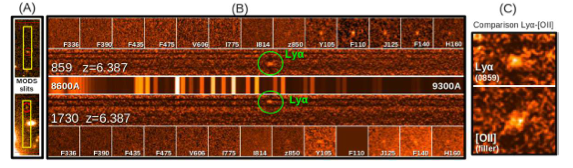 Panel (A): the position of targets 859 (top) and 1730 (bottom) in the MODS1 slits over the J125 band are shown. Panel (B): the two dimensional spectra, the Lyα lines (marked with a green circle), the sky spectrum and the CLASH multi-band cutouts (1.5′′) are shown. Panel (C): The Lyα line of 859 compared with a low-z [OII] doublet identified in the same mask (filler object) is shown.